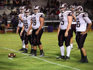 The Riverview High offensive line includes, from left: Casey Sheehan, Kyle Power, AJ Abreu, Moose Griffith and Jacob Lebar. The Rams gained 333 yards rushing against Booker Friday night. Herald-Tribune staff photo / Rachel S. O'Hara